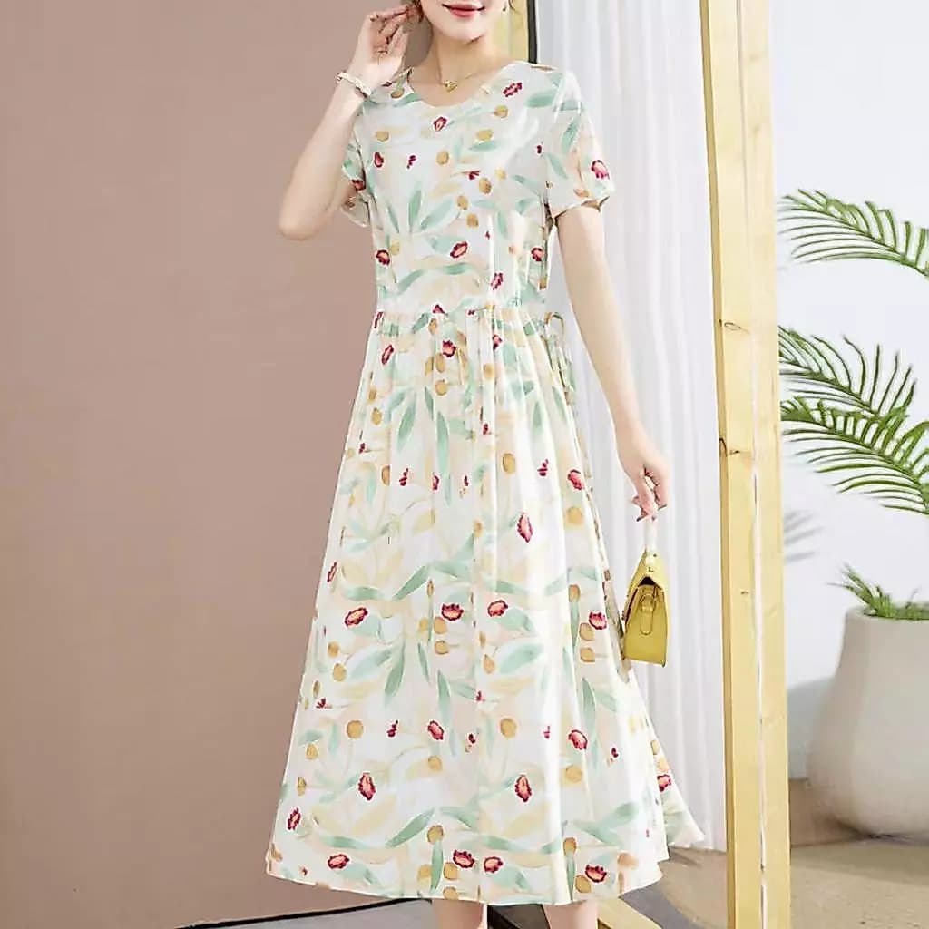 Váy eo hẹp in hình cổ tròn mùa hè mỏng giản dị hơn Váy dài vừa phải