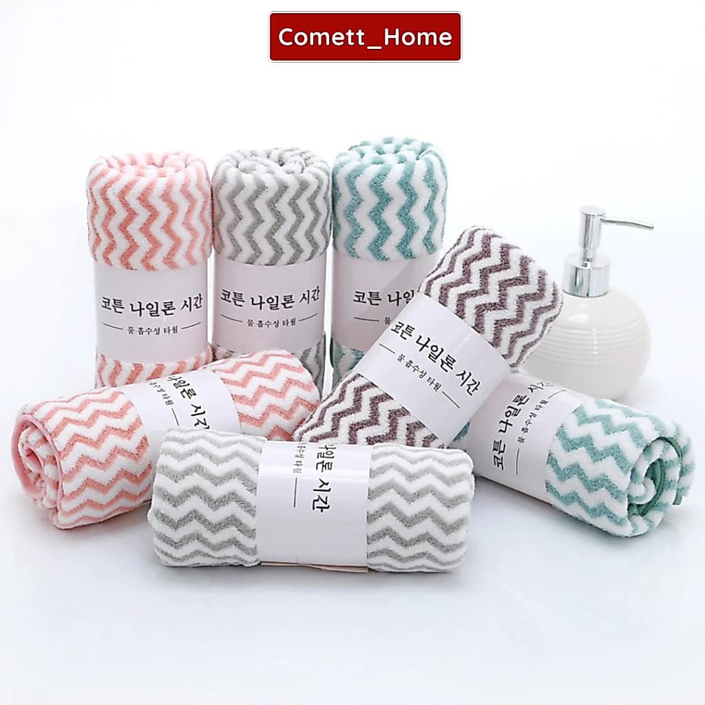 Khăn Lau Mặt Kẻ Hàn Quốc Kích Thước 50x30cm Lông Cừu Họa Tiết Lượn Sóng