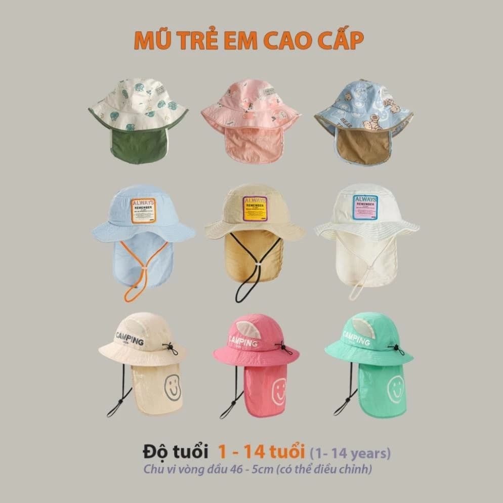 Mũ bucket trẻ em che cổ gáy cho bé từ 1-14 tuổi, Mũ tai bèo vành rộng chống tia UV chất liệu vải nhanh khô an toàn