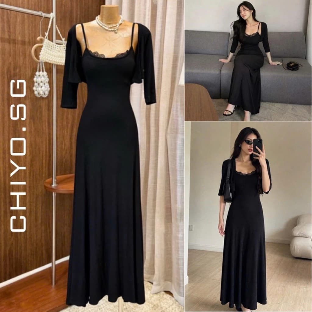 Set đầm 2s viền ren dáng xoè kèm áo khoác tay lỡ sang chảnh CHIYO.SG S196