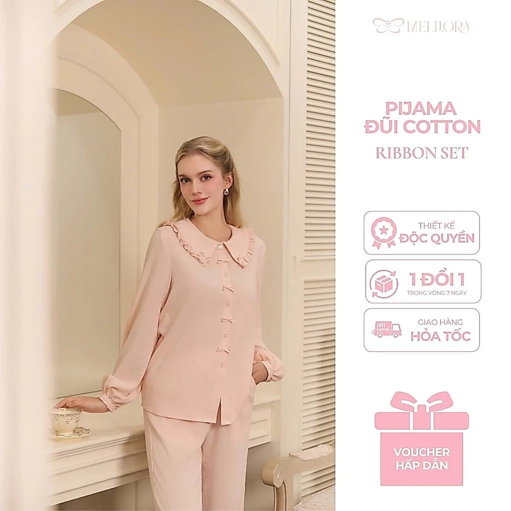 Bộ ngủ thu đông nữ dài tay cao cấp cổ bèo dễ thương, kiểu tiểu thư Hàn Quốc chất mềm mại - BDD03