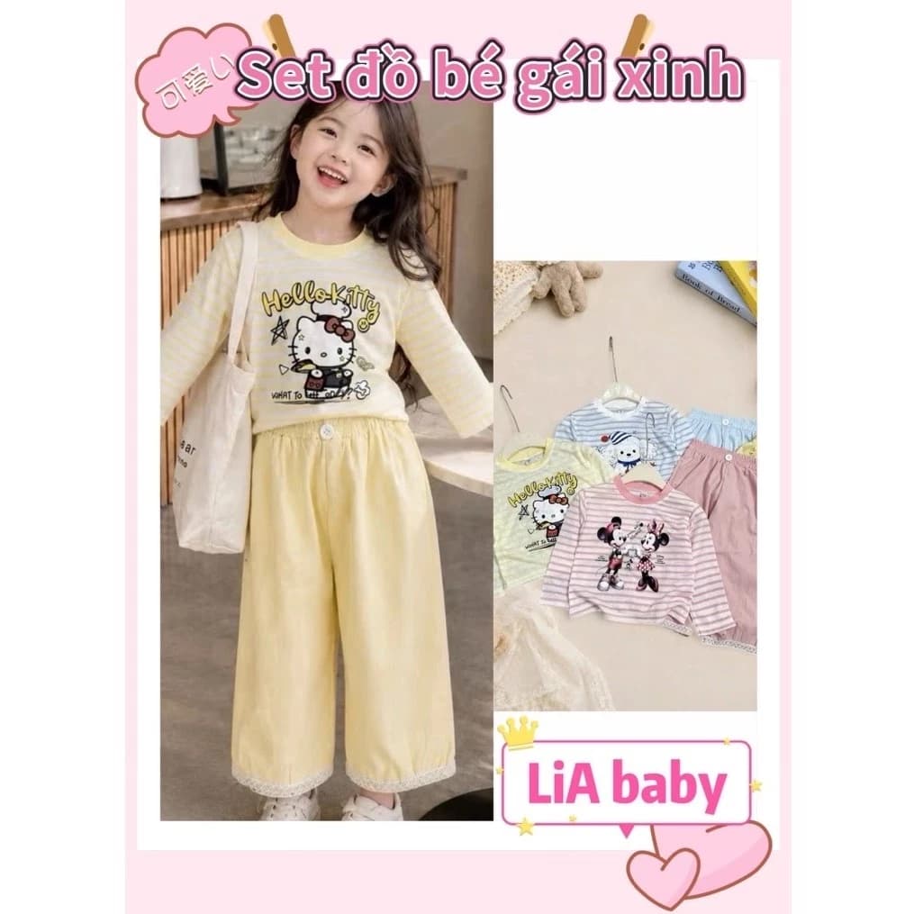 Combo 3 bộ đồ mặc nhà áo dài tay in hình 3D xinh kèm quần dài gió cho bé gái đi chơi đi học(9-40kgg-Q9