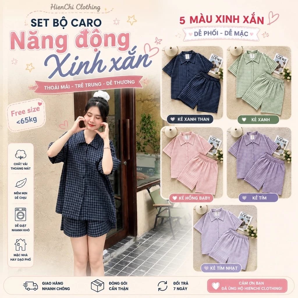 Set Đồ Ngủ Nữ, Bộ Pyjama Kẻ Caro Nhiều Màu Phong Cách Hàn Quốc Chất Xốp Mịn Mát