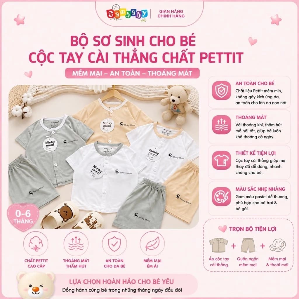 Bộ Sơ Sinh Cho Bé Cộc Tay Cài Thẳng Chất Pettit Minky mom