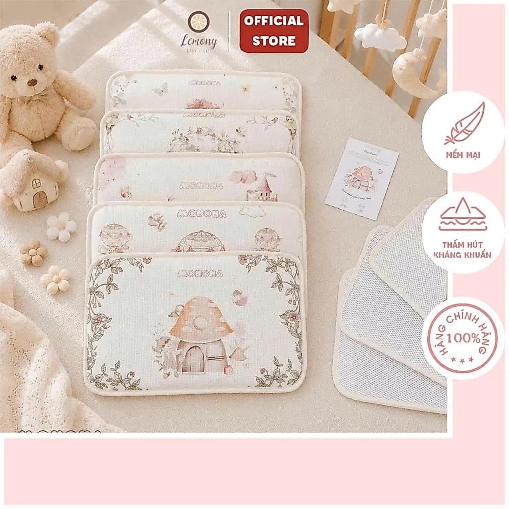 Gối đầu cotton waffle Monona hoạ tiết cổ tích, mềm thoáng cho bé size 25x40cm