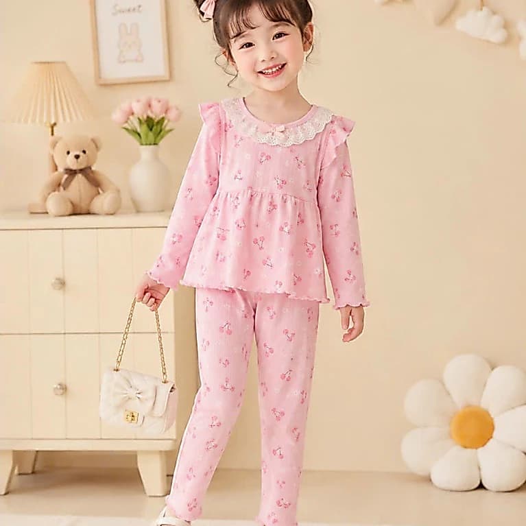[A69] Bộ thu đông bé gái dài tay, set quần áo trẻ em chất tăm thái mềm co giãn họa tiết chấm bi cherry đẹp 8-20kg