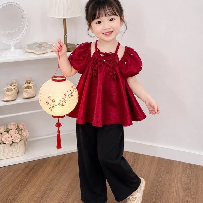 [Mới Về ] Set trung thu bé gái áo đỏ kèm quần lụa đen dài cho bé gái đi chơi , đi học (9-40kg)
