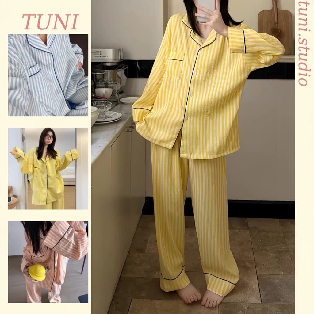 Tuni.studio Bộ Ngủ Dài Tay Kẻ Sọc Lớn Nhiều Màu Pastel Hàn Quốc Xinh PJMST01