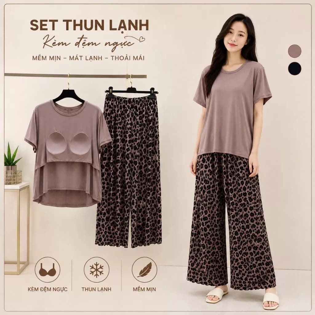 Bộ Đồ Ngủ Nữ thun lạnh Có Đệm Ngực Tay Ngắn Quần Dài Da Beo – Đồ Bộ Mặc Nhà Form Rộng Thoải Mái