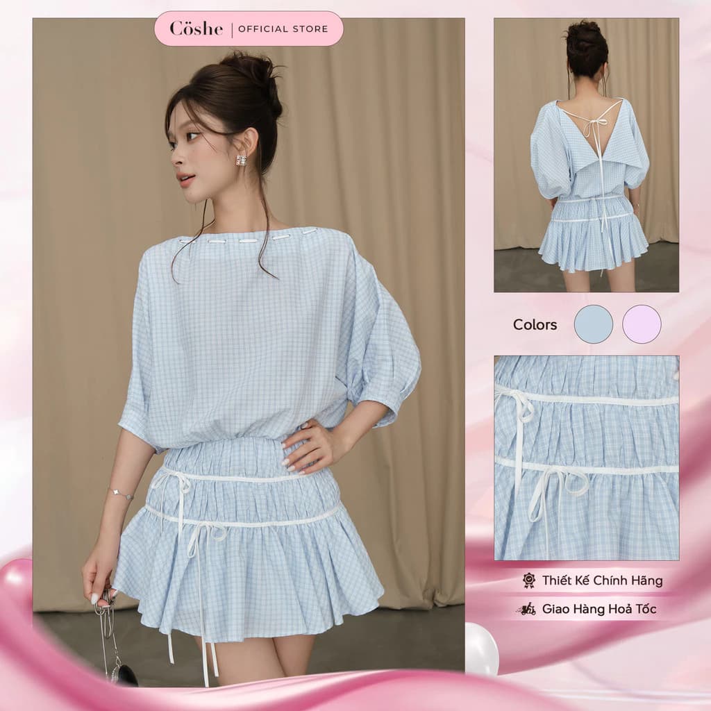 Đầm dự tiệc COSHE Daisy Dress họa tiết caro phối dây thắt nơ trẻ trung ngọt ngào dạo phố