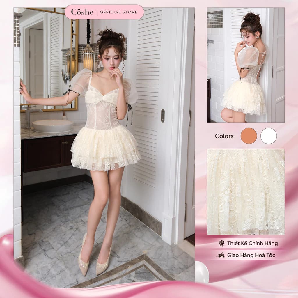 Đầm dự tiệc COSHE Bonita Dress tay phồng đính nơ ren kim sa lấp lánh sang trọng đi tiệc