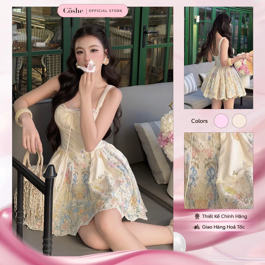 Đầm dự tiệc COSHE Bloomie Dress hai dây cúp ngực vải xô thêu hoa xòe phồng ngọt ngào dự tiệc