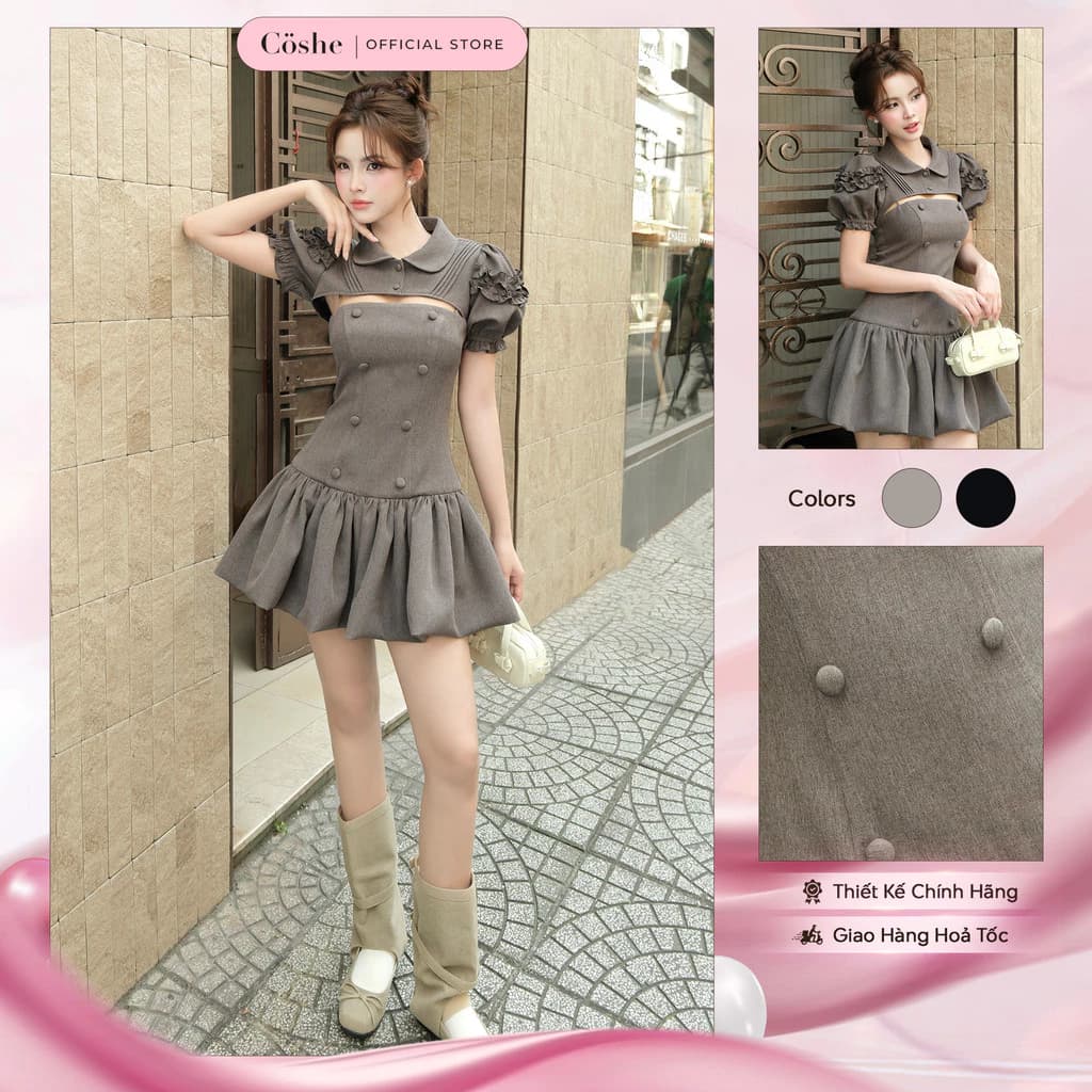 Đầm dự tiệc COSHE Elys Dress dáng xòe phối cổ sơ mi tay phồng chất gold gân sang trọng