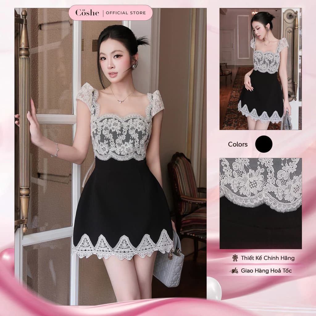 Đầm dự tiệc COSHE Soya Dress cúp ngực tay bồng phối ren hoa tôn dáng tiểu thư dự tiệc dạo phố