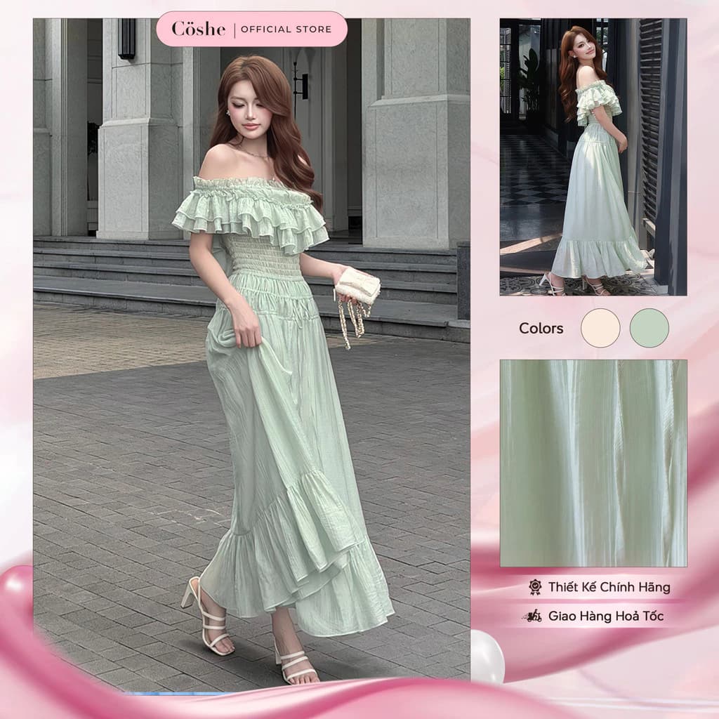 Đầm maxi COSHE Elley Dress trễ vai ngực bèo xòe chất xốp Hàn Quốc nhẹ nhàng dạo phố du lịch