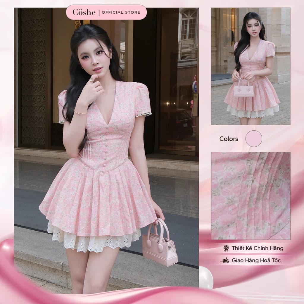 Đầm dự tiệc COSHE Izzy Dress cổ V xòe xếp ly phối ren gấu chất kate in hoa tiểu thư hẹn hò
