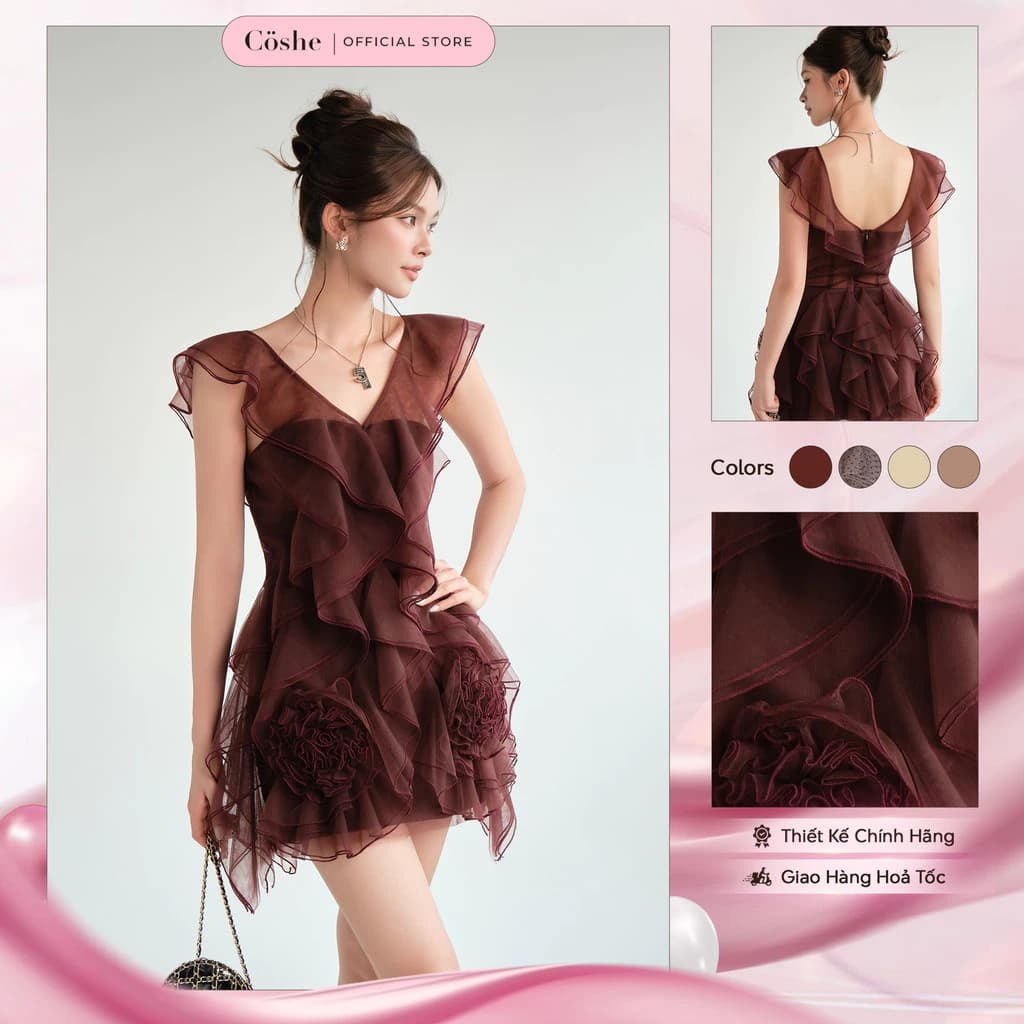 Đầm dự tiệc COSHE Aso Dress họa tiết hoa chất lưới Milan phong cách Hàn Quốc sang trọng dạo phố đi tiệc