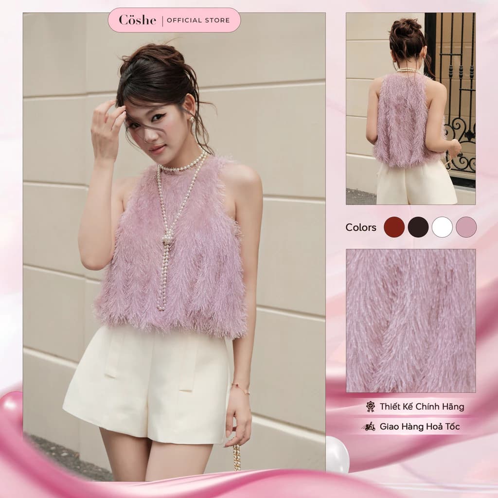 Áo kiểu nữ COSHE Dani Top sát nách dáng suông chất thun lông quyến rũ sang trọng dự tiệc