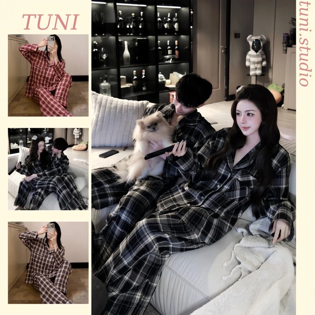 Tuni.studio Bộ Đồ Ngủ Đôi Nam Nữ Pijama Chất Dạ Kẻ Sọc Phối Viền Xinh PJMD01