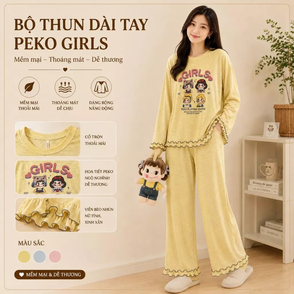 Bộ Đồ Ngủ Nữ Dài Tay Peko Girls Quần Dài Ống Rộng – Đồ Bộ Mặc Nhà Họa Tiết Hoạt Hình Dễ Thương