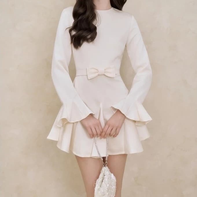 IVY DRESS - Váy lụa be tay loe kèm đai nơ xinh xắn tiểu thơ