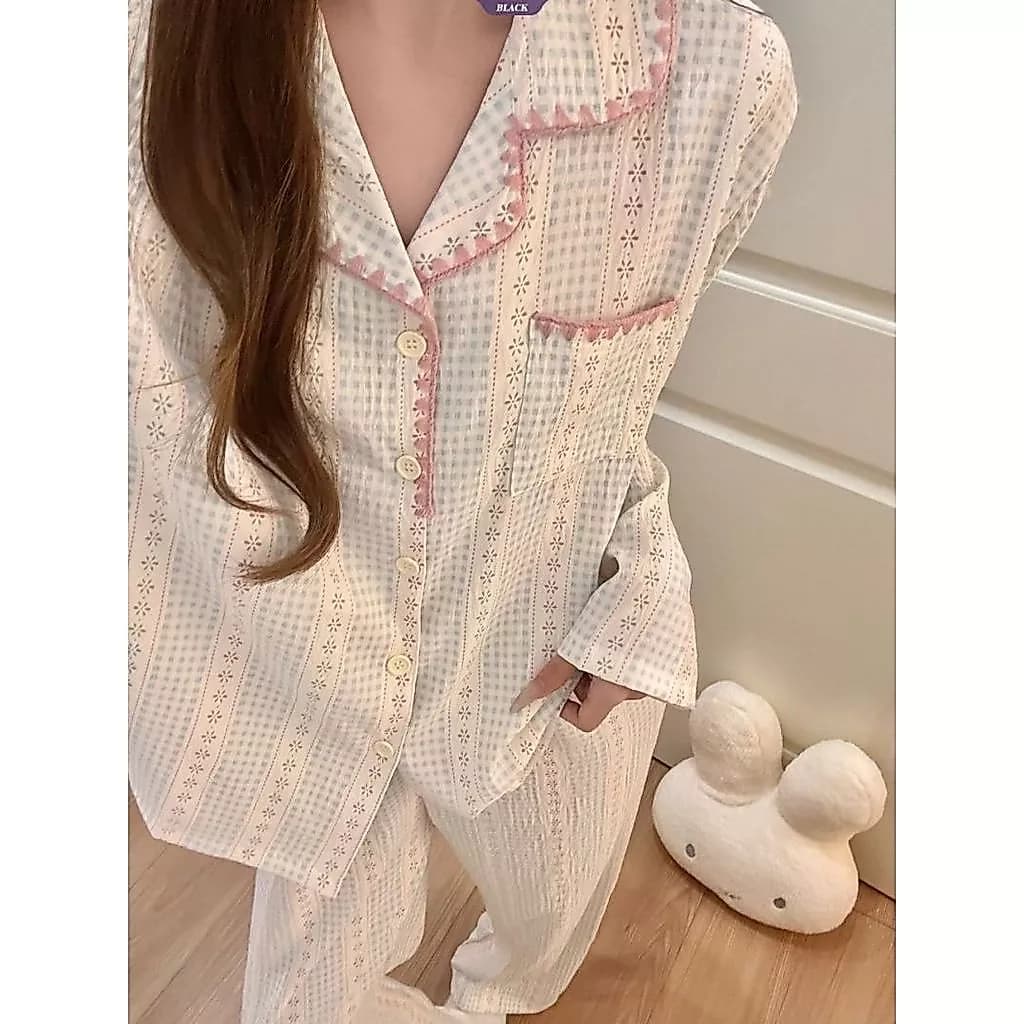 Order - Bộ Đồ Ngủ Hoa Kẻ Sọc Màu Hồng Cho Nữ - Thích Hợp Mặc Mùa Xuân Thu