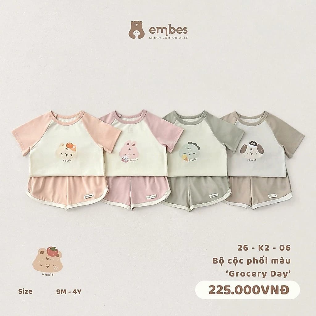 Bộ Cộc Tay Cho Bé Embes, Bộ Cộc Tay In Họa Tiết Chất Cotton Mềm Mát Cho Bé Trai Bé Gái Từ 8-18Kg