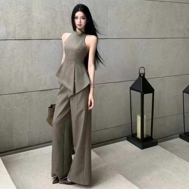 Set áo kiểu tà nhọn xếp ly kèm quần ống rộng TABISHOP Set đồ nữ sang chảnh thanh lịch(405)
