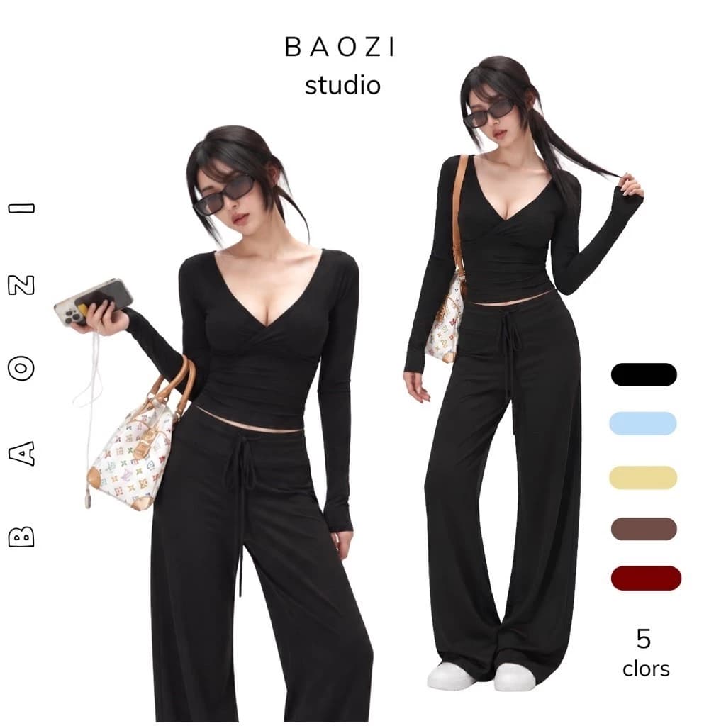 [BaoZi Studio] Set Áo Thun Dài Tay Cotton Cổ V Ôm Body Áo Cổ Chéo Tôn Dáng Co Giãn Mềm Mịn