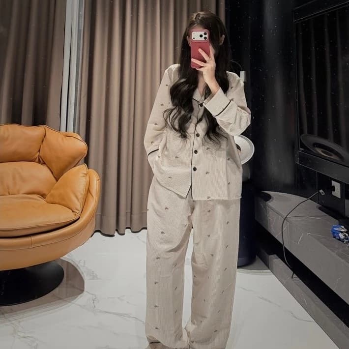 (BẢN NGỰA DÀI TAY) Bộ đồ ngủ pijama dài tay thu KẺ CÚC ĐEN NGỰA HÍ  túi to SỌC CHUNCHUNHOME