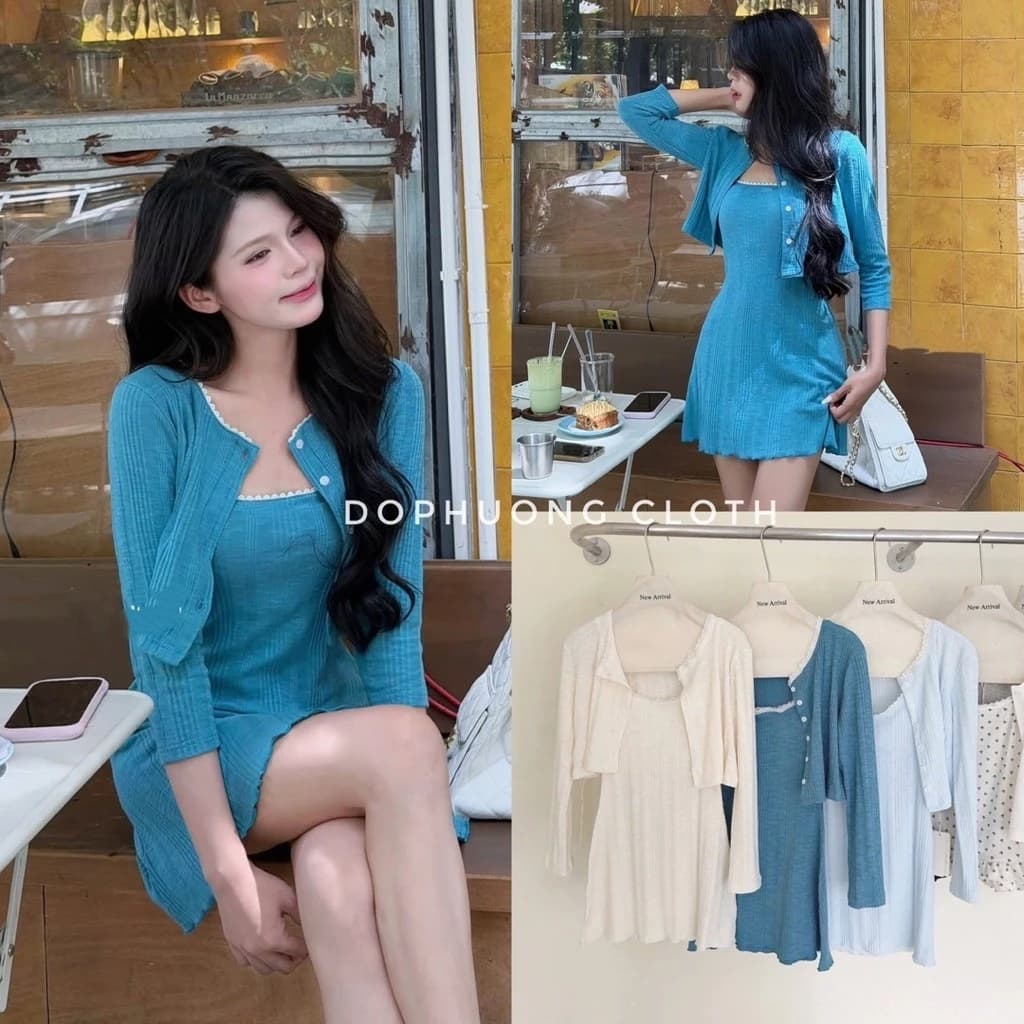 (Hàng L1 sẵn - video shop quay) Set váy 2 dây phối viền ren kèm cardigan lửng Hiền Hồ phù hợp đi cafe, hẹn hò sống ảo
