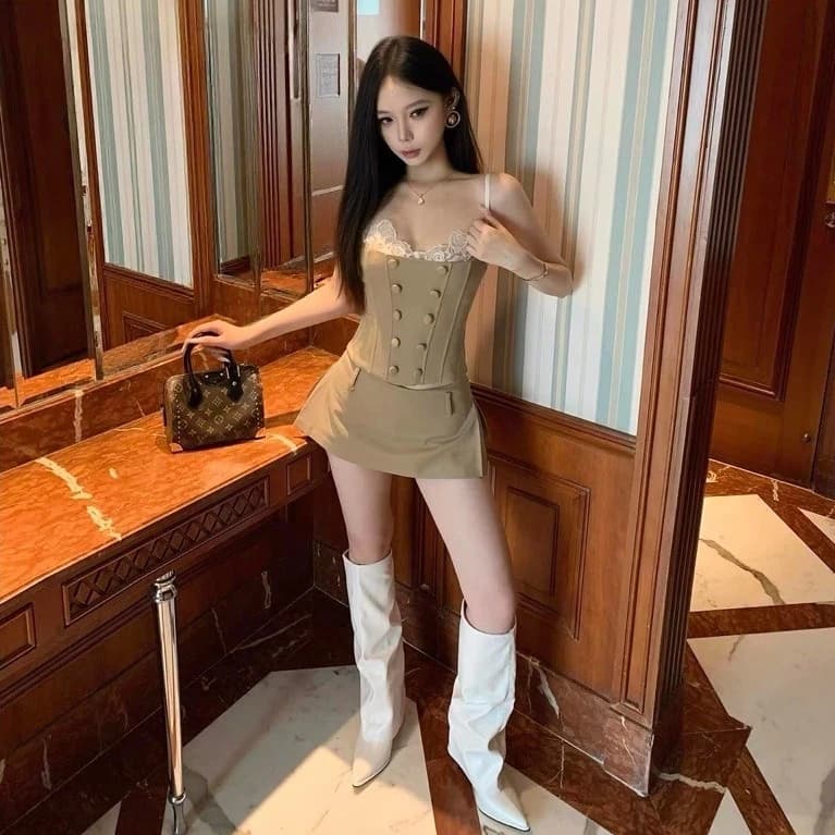 Set áo 2 dây ren phối chân váy ngắn xoè xếp ly hông TABISHOP Set đồ nữ sang chảnh mặc đi chơi sexy(408)
