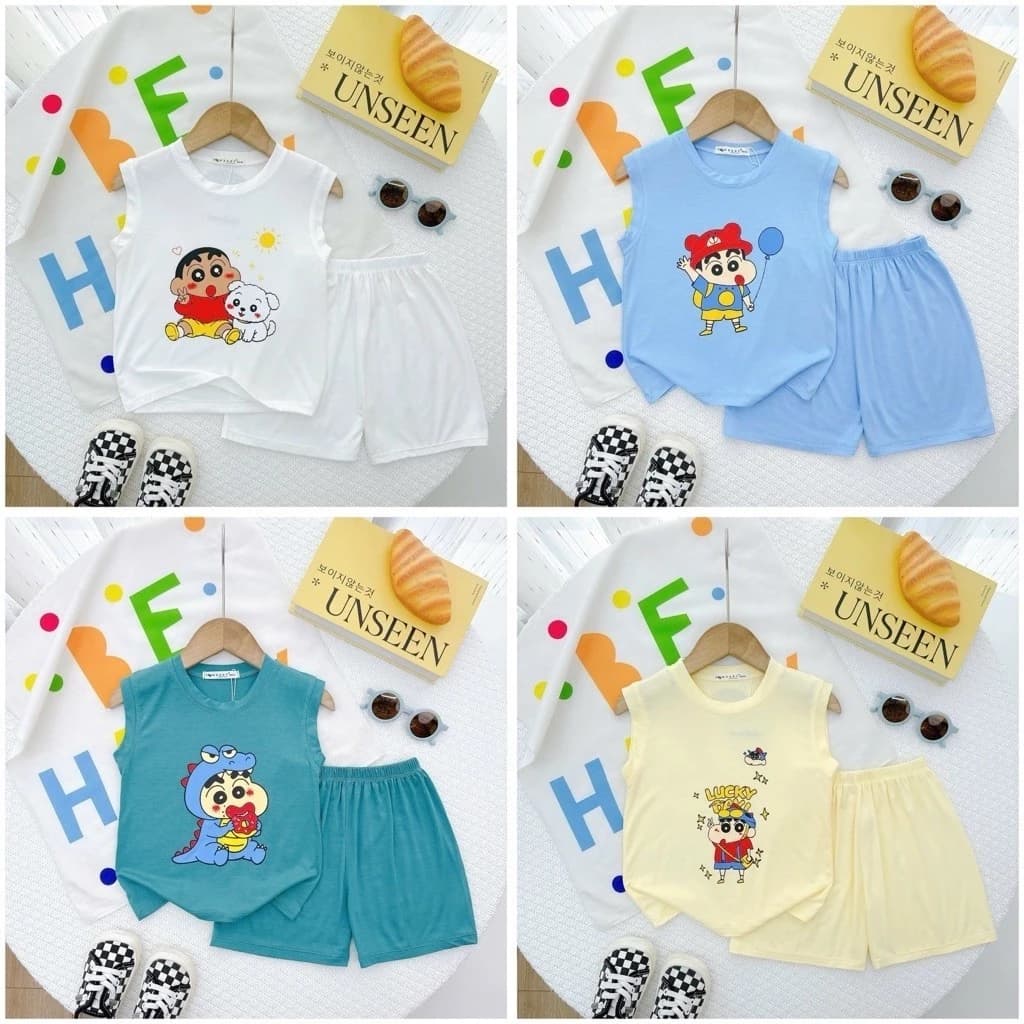 BL031(9-30kg) Bộ Ba Lỗ Thun Lạnh In Hình Shin Dễ Thương Cho Bé Trai Bé Gái