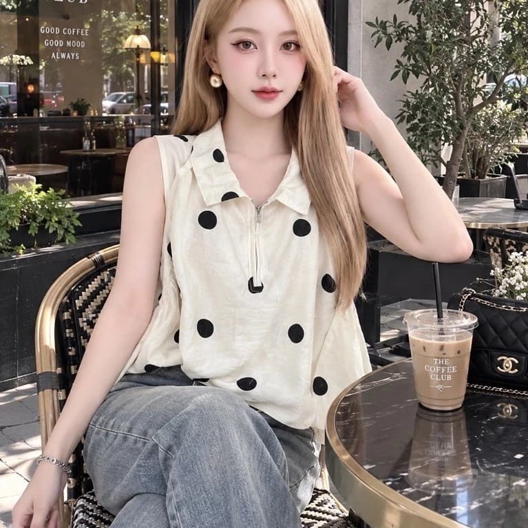✨ Áo Sơ Mi Sát Nách Cổ Bẻ Kéo Khóa Họa Tiết Chấm Bi - Phong Cách Vintage Sang Chảnh ✨