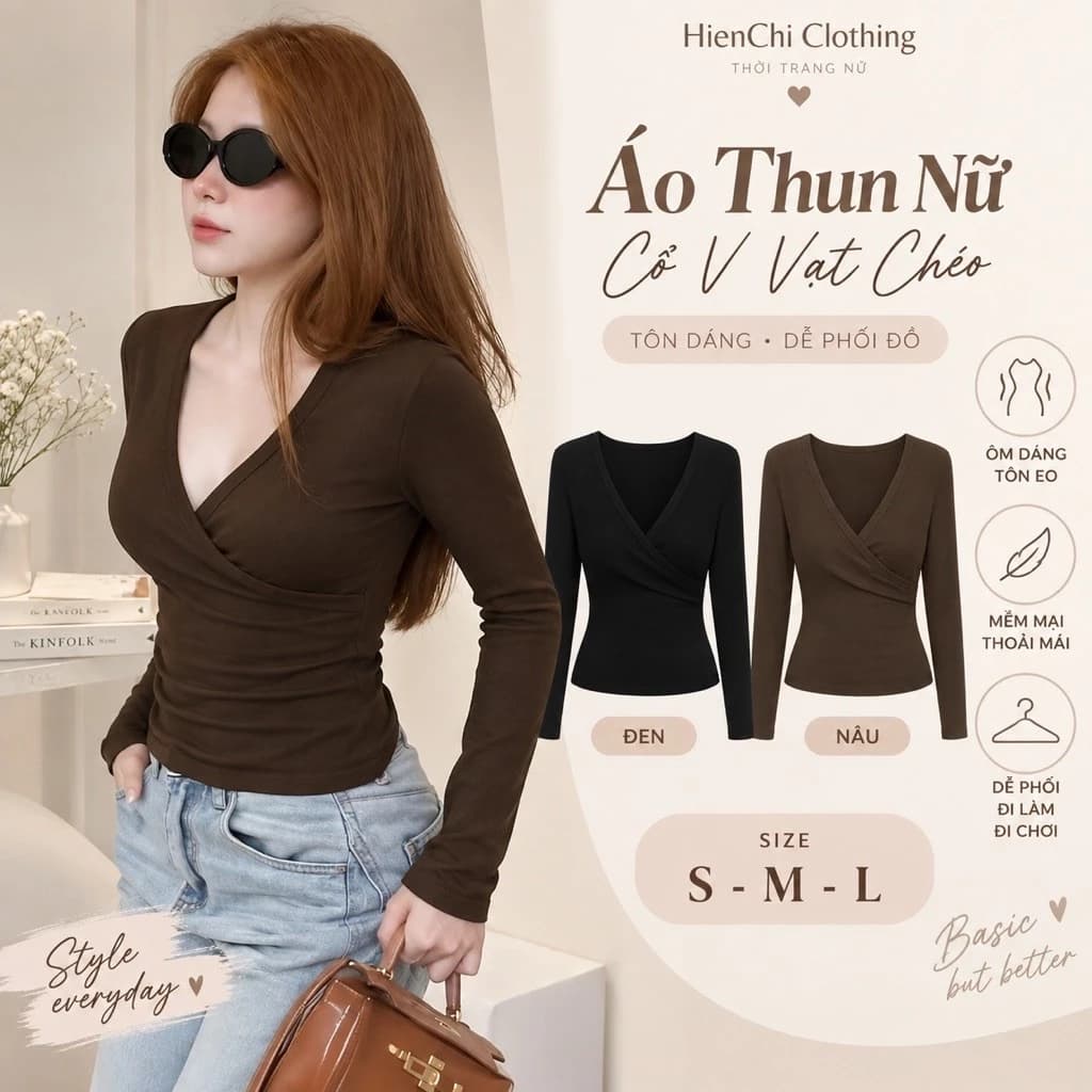 Áo Thun Nữ Tay Dài Cổ V Vạt Chéo Ôm Body Tôn Dáng 2 Màu Nâu Đen 3 Size S M L