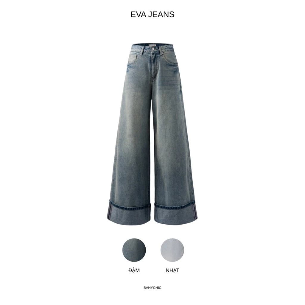 ( EVA1- JEANS- ĐỌC KỸ MÔ TẢ ) Quần jeans BAHYCHIC kiểu DẬP LAI ống rộng, form ống suông rộng dài