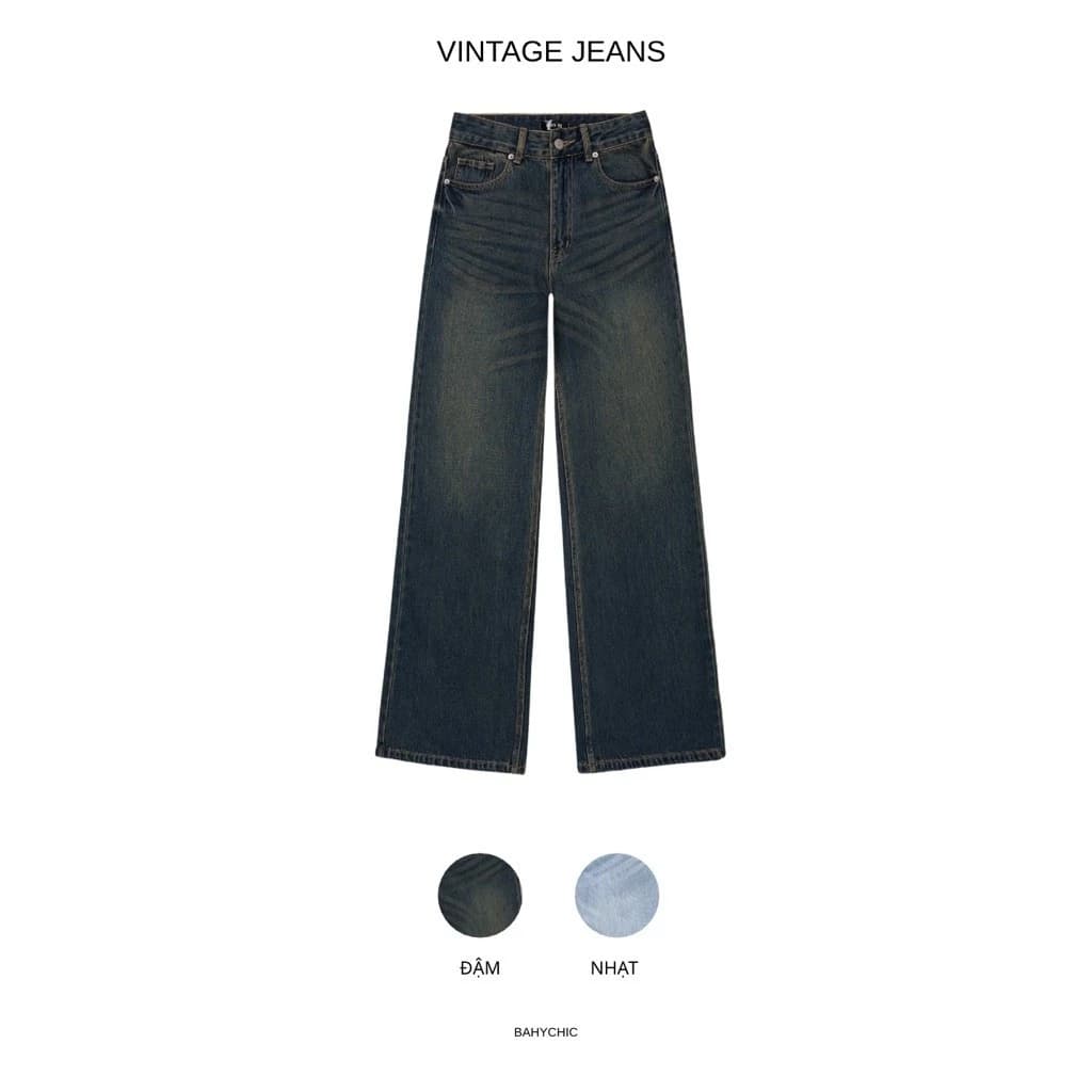 ( VINTAGE DARK - JEANS ) Quần jeans form suông cạp trễ nhẹ, không co giãn SIÊU DÀI| BAHYCHIC