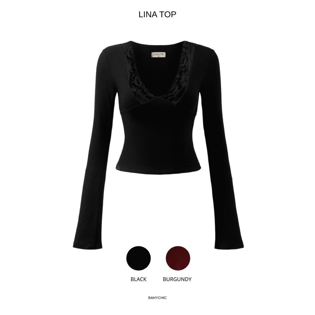( LINA TOP) Áo tay dài BAHYCHIC loe, kiểu dáng ren gợi cảm hai lớp dày dặn | BAHYCHIC