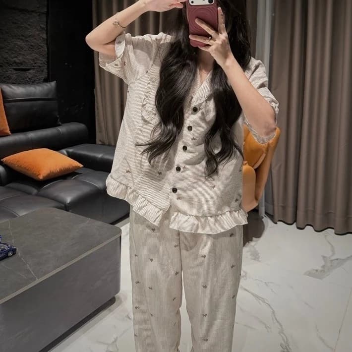 (Ảnh thật tự chụp) SET PZM PHỐI BÈO CỘC, Bộ đồ ngủ pijama CỘC TAY - QUẦN DÀI thu KẺ CÚC ĐEN NGỰA HÍ túi to SỌC BYCHUN