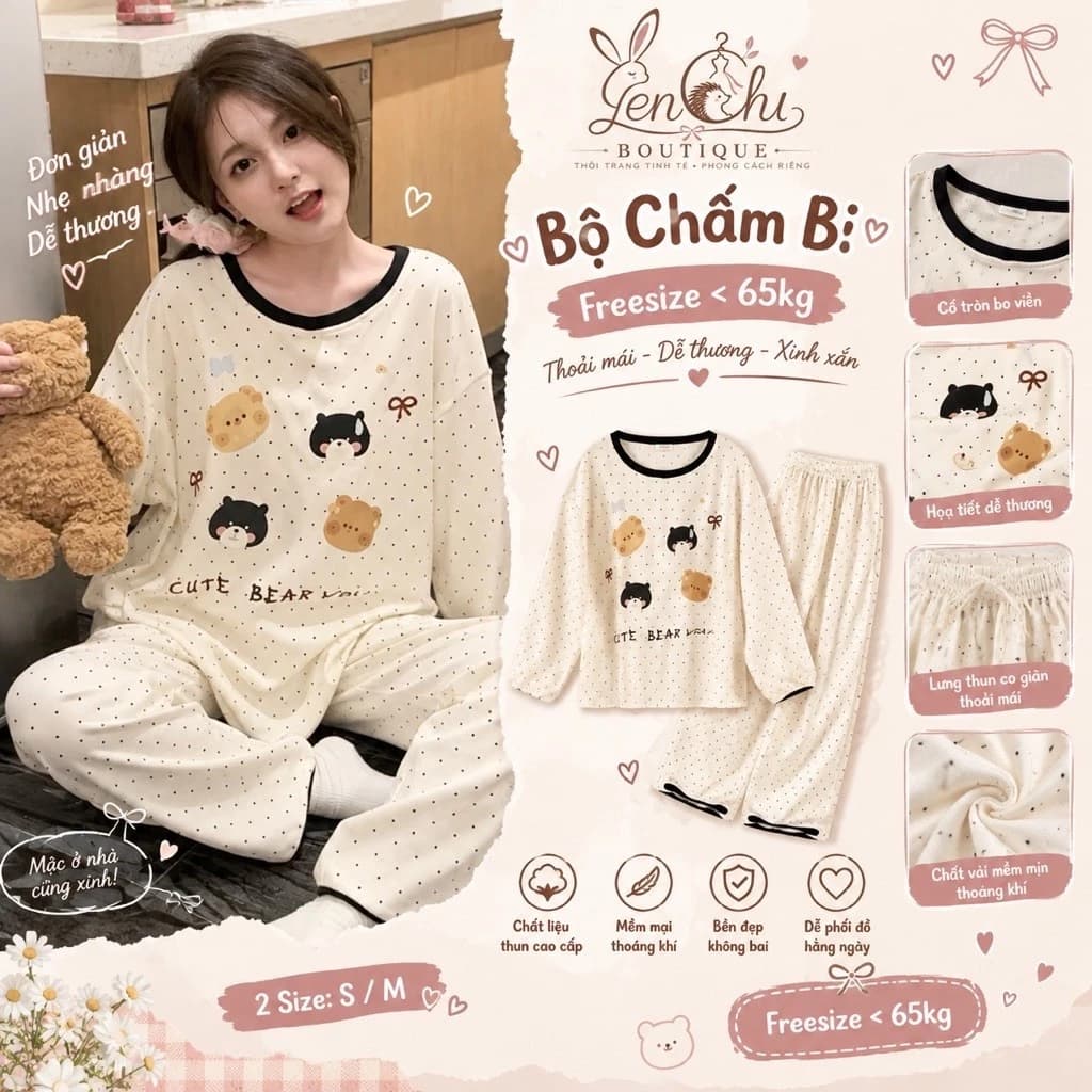 Set Bộ Nỉ Gấu Bear Wow Chấm Bi Nữ. Bộ Đồ Dài Tay Form Rộng Dễ Thương