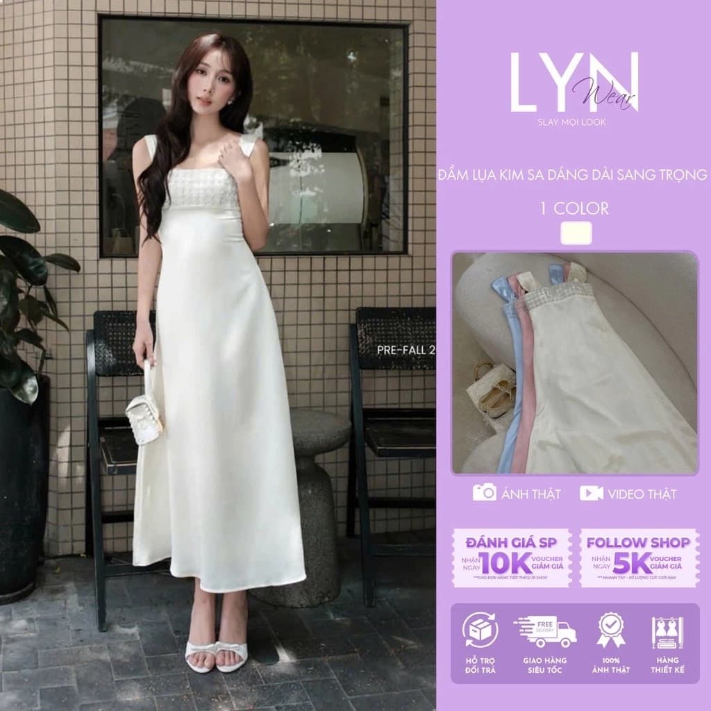 | LYN.WEAR | Đầm Lụa Hai Dây Đính Đá Đuôi Cá Dáng Dài Đi Chơi Dạo Phố Sang Chảnh Tết, Noel, du lịch