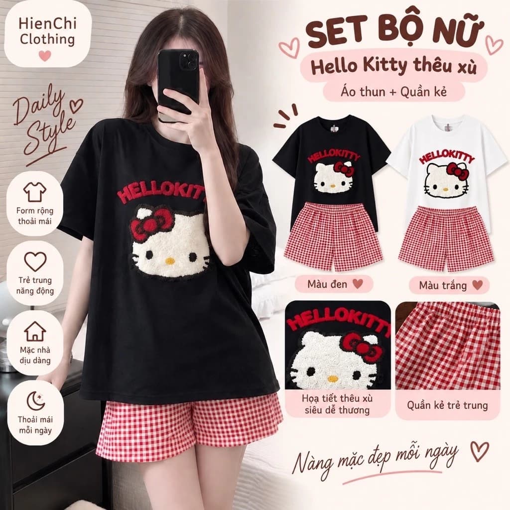 Set Bộ Đồ Ngủ Nữ Hello Kitty Áo Thun Thêu Xù Mix Quần Short Caro Đỏ Đồ Mặc Nhà Cute Phong Cách Hàn Quốc