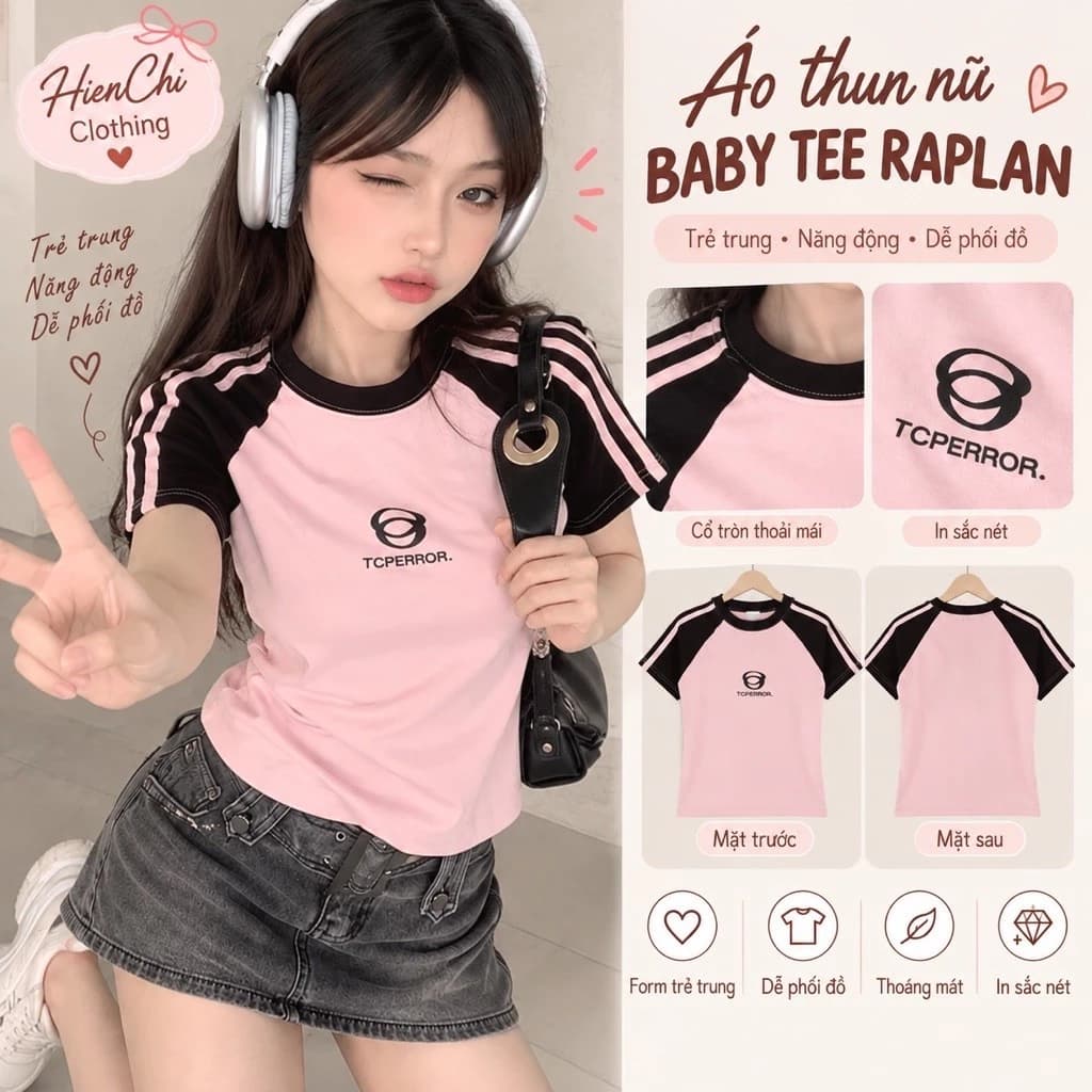 ÁO THUN BABY TEE RAGLAN ÁO HỒNG PHỐI TAY ĐEN THỂ THAO DỄ PHỐI ĐỒ