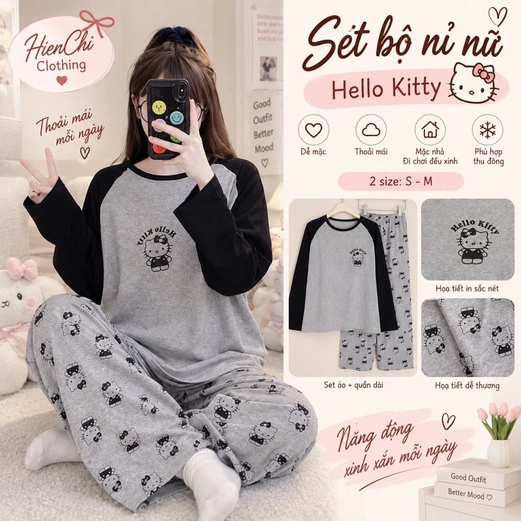 Sét Bộ Nỉ Nữ Dài Tay Phối Raglan Hình Hello Kitty, Chất Nỉ Bông Áo Cổ Tròn Mix Quần Dài Dáng Suông Mặc Thu Đông