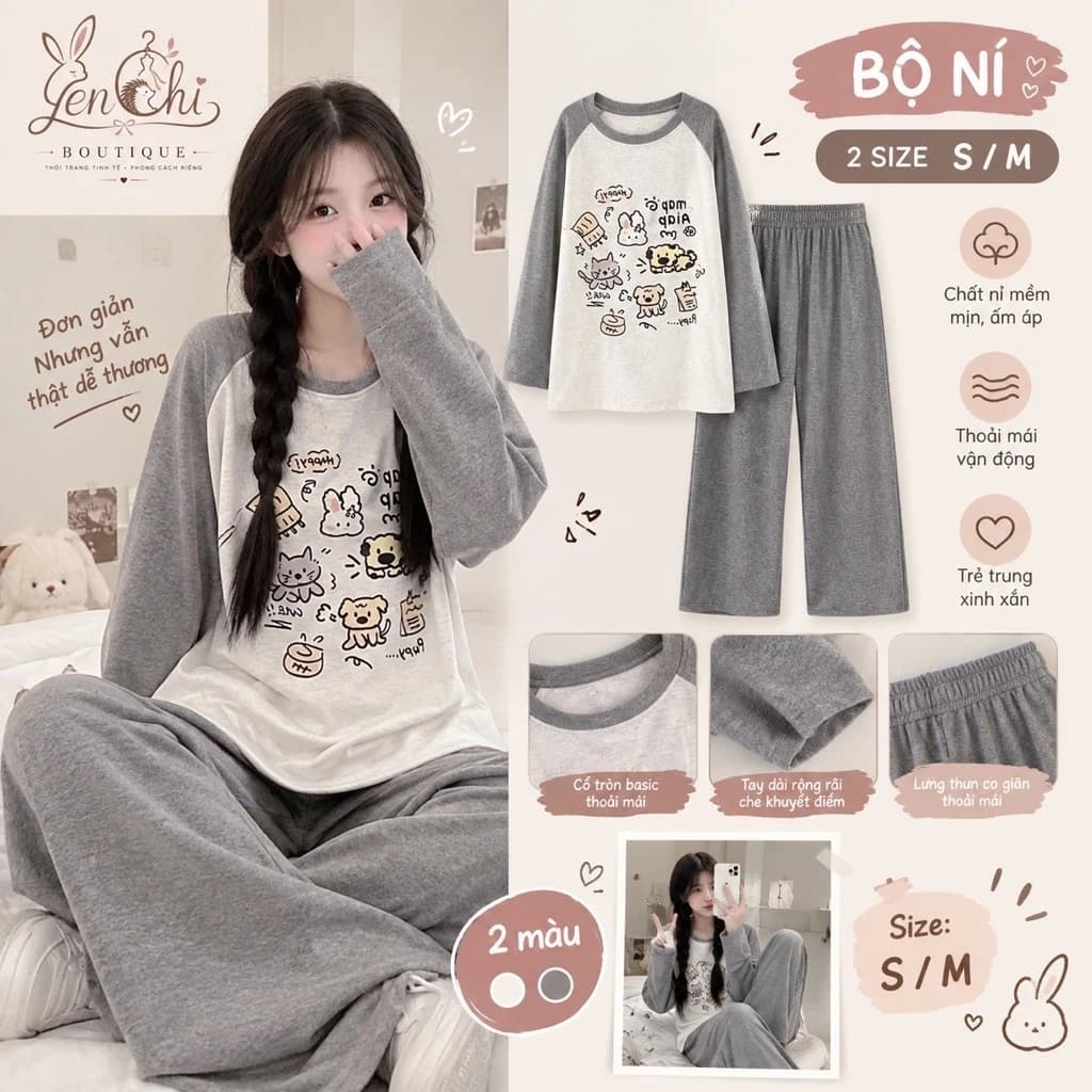 Set Bộ Nỉ Raplan In Hình Thú Nữ. Bộ đồ dài tay form rộng dễ thương