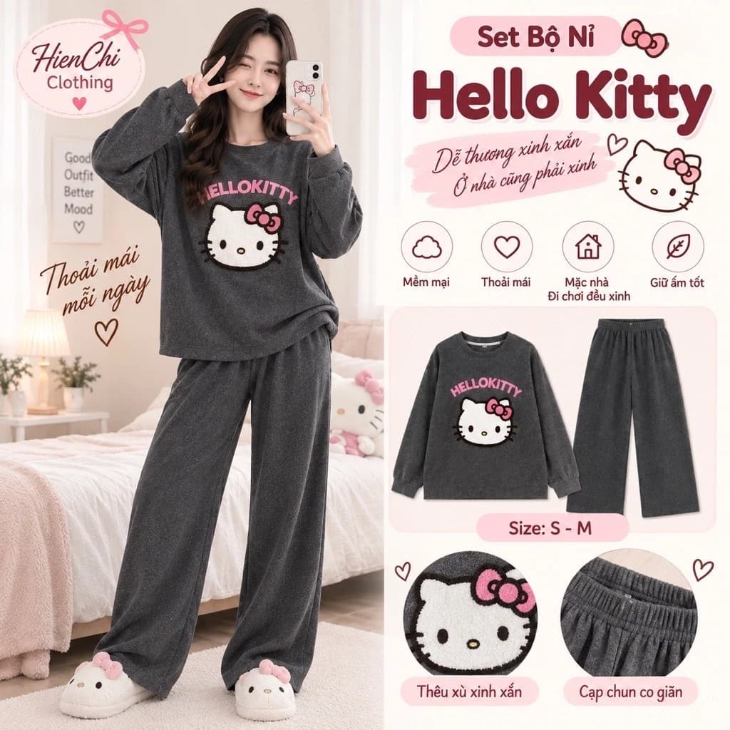 Set Bộ Nỉ Hello Kitty Thêu Xù Màu Xám. Bộ Đồ Nữ Dài Tay From Rộng Dễ Thương Phong Cách Hàn Quốc Ulzzang