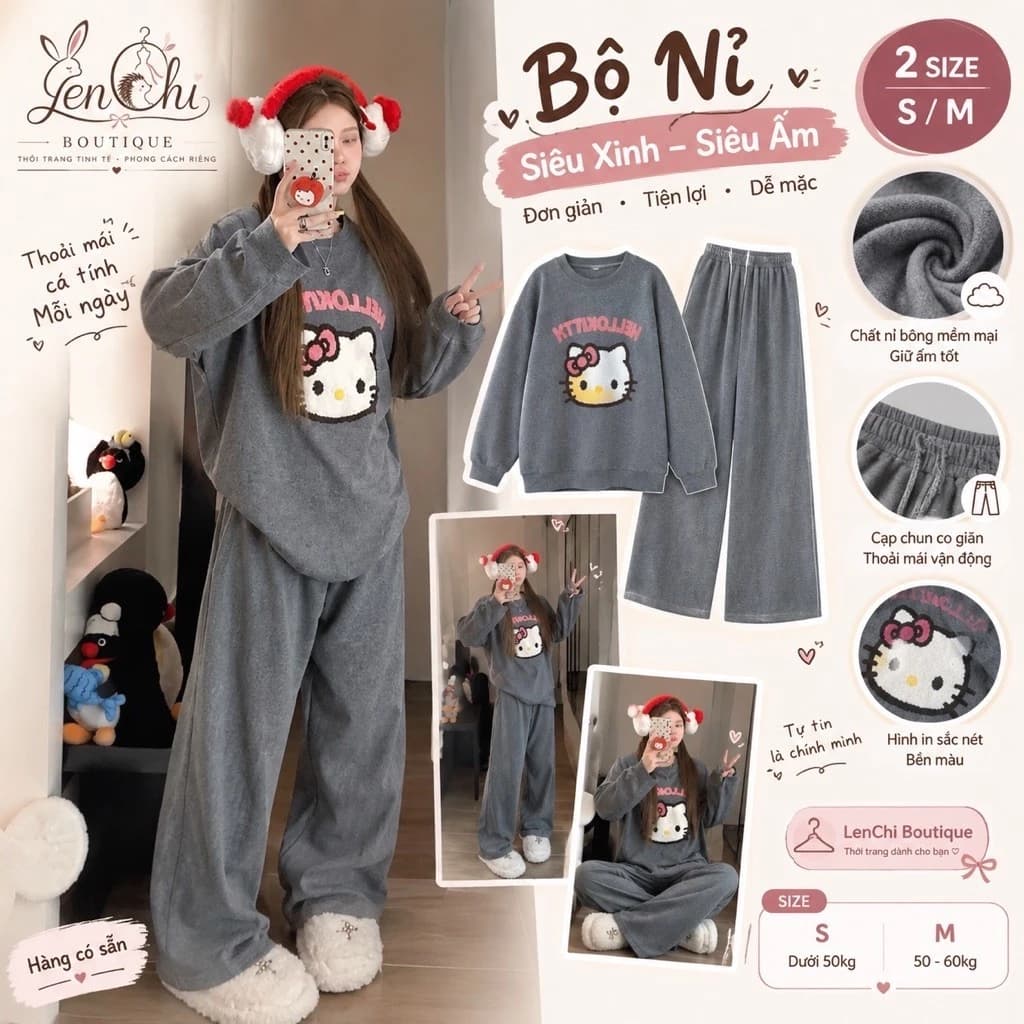 Set Bộ Nỉ Thêu Xù Kitty Màu Xám. Bộ Đồ Dài Tay Form Rộng Dễ Thương