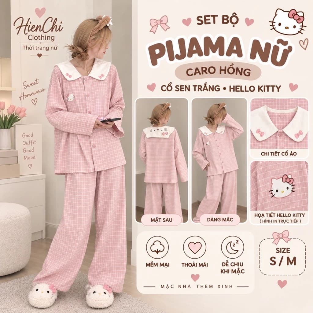 Bộ Pijama Nữ Thu Đông Dài Tay, Cổ Sen Trắng Hình Hello Kitty, Họa Tiết Kẻ Caro Hồng Nhạt Form Rộng