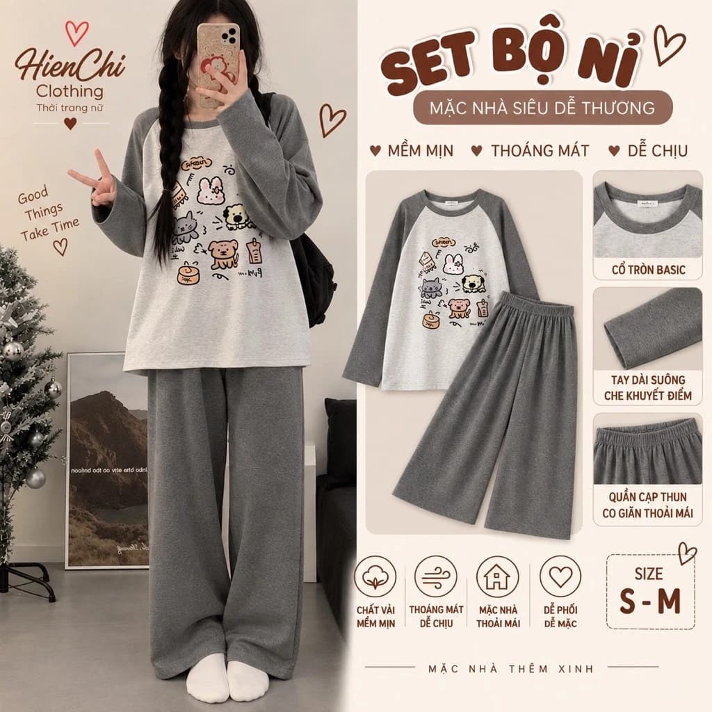 Bộ Đồ Ngủ Nữ Tay Raglan Xám Chất Nỉ Cotton Mềm Mại In Hình Thú Cưng Kute - Quần Dài Ống Suông Thu Đông