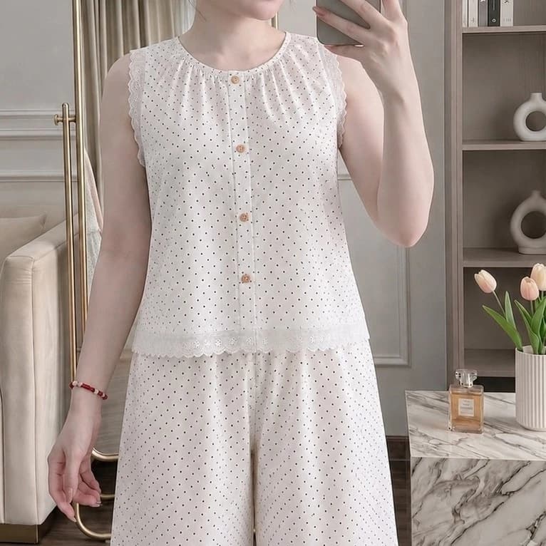SÉT BỘ ĐỒ NỮ MẶC NHÀ CHẤM BI PHỐI REN – MỀM MẠI, XINH XẮN VÀ THOẢI MÁI B23